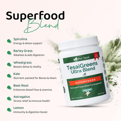 Pur Tesai TesaiGreens Ultra Blend Superfood Powder – Plant-Based Nutrition, 16g Protein, 7B Probiotics