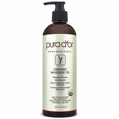 PURA D'OR Organic Massage Therapy Oil 16 oz - Almond, Argan, Jojoba, Lavender