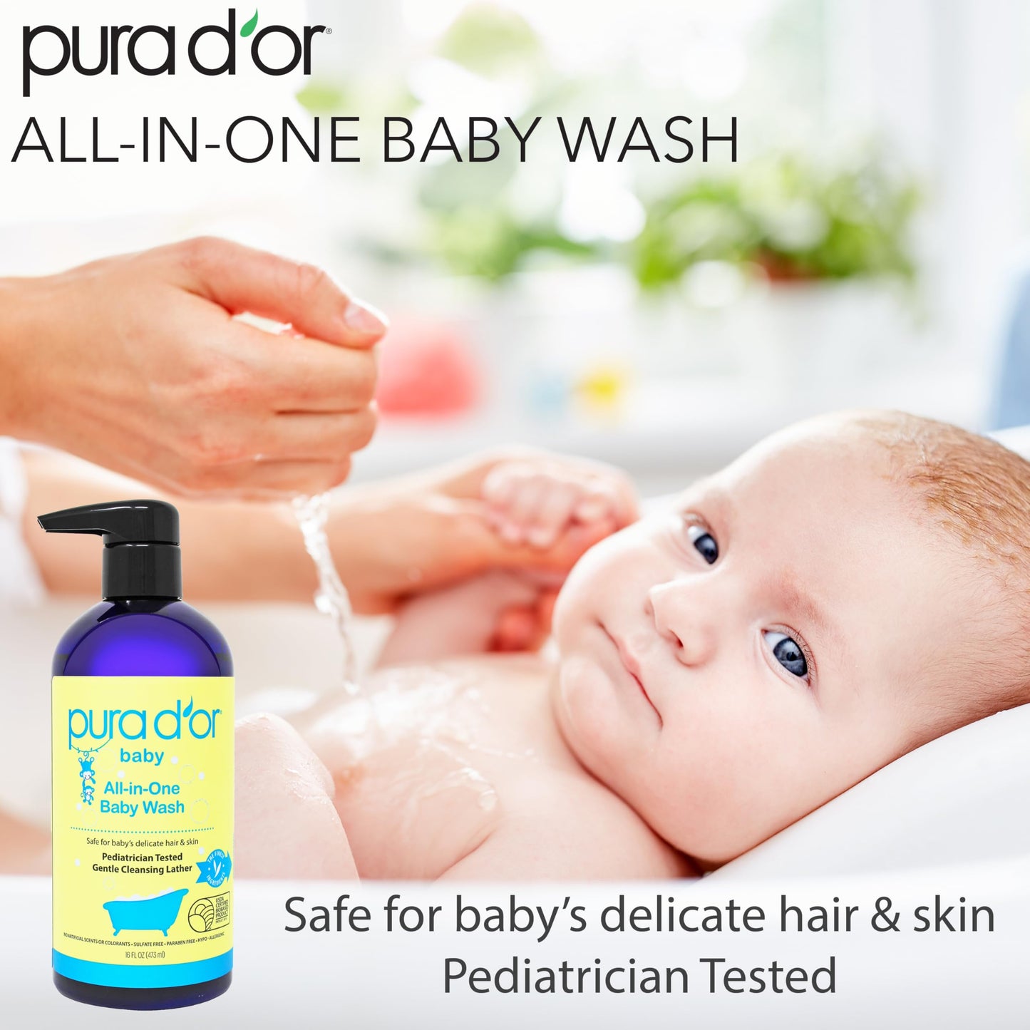 PURA D'OR 16 Oz All-in-One Calming Baby Wash & Shampoo - Tear-Free, Sulfate-Free, Aloe Vera