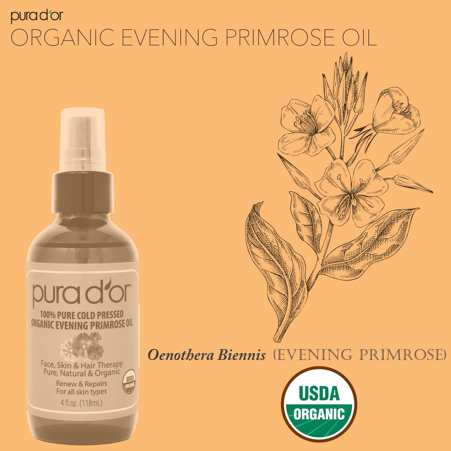 PURA D'OR Organic Evening Primrose Oil (4oz) – Pure Cold-Pressed, Essential Fatty Acids & Antioxidants for Skin, Hair & Face