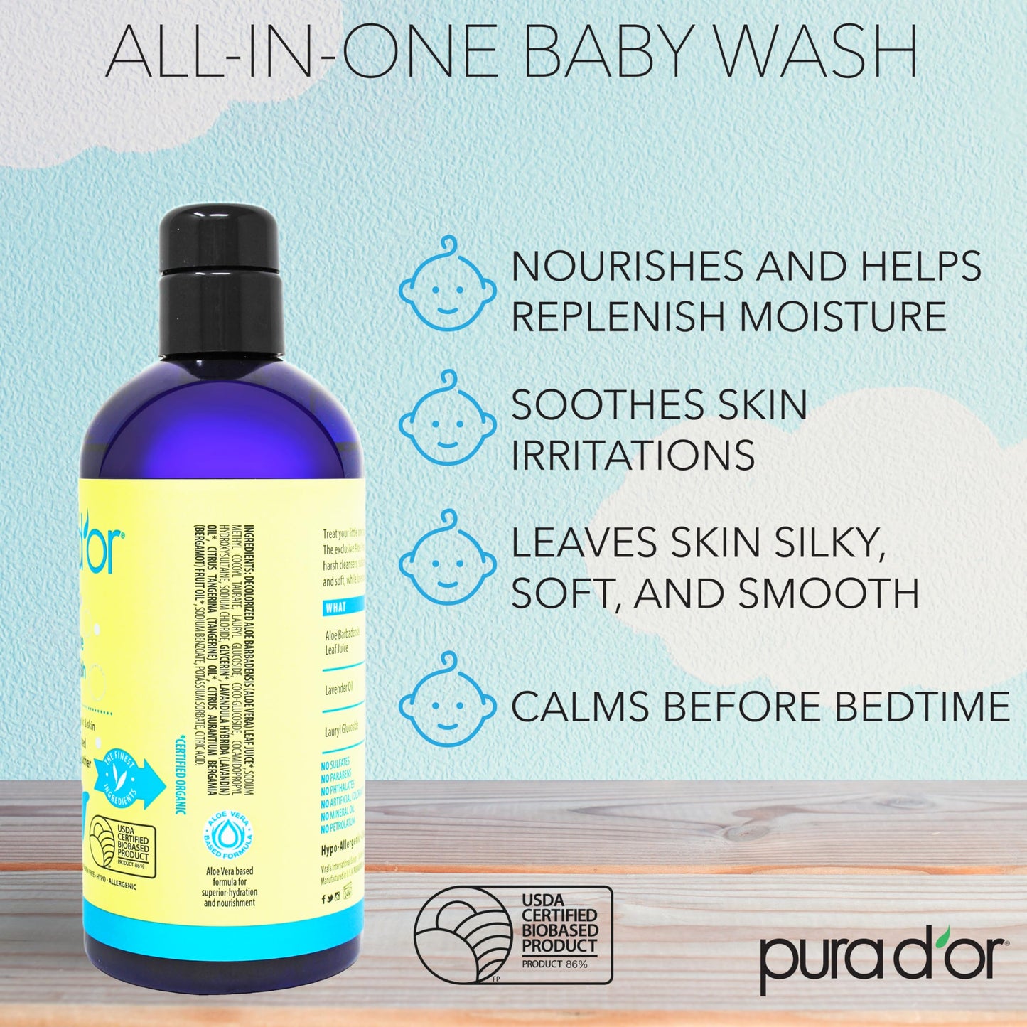 PURA D'OR 16 Oz All-in-One Calming Baby Wash & Shampoo - Tear-Free, Sulfate-Free, Aloe Vera