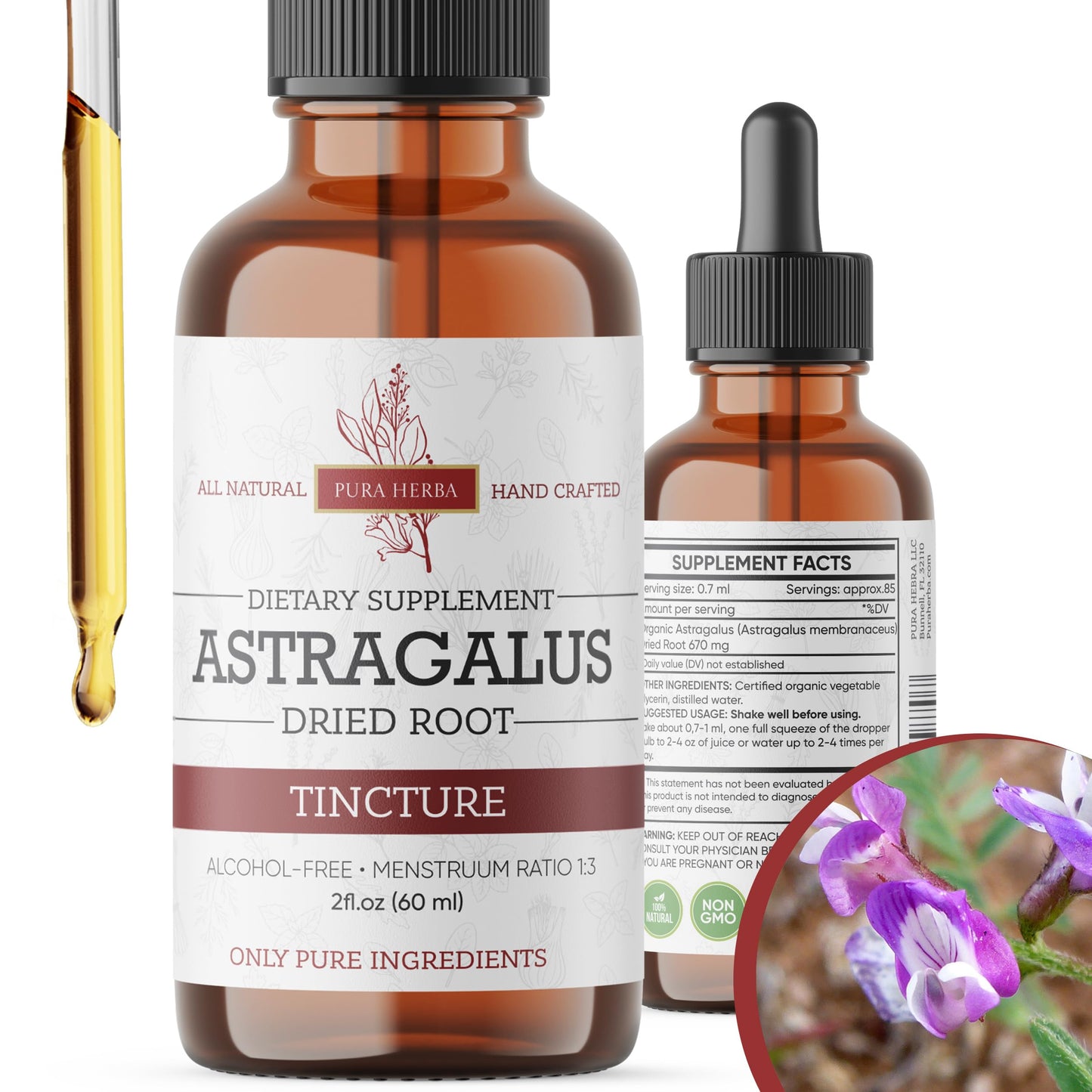 Pura Herba Organic Astragalus Tincture - Premium Immune Support | Alcohol-Free, Sugar-Free, Vegan | Made in USA | 2 Fl Oz