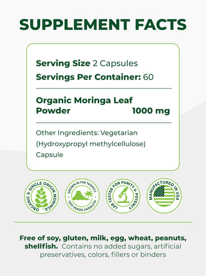 PURA VIDA MORINGA Capsules Single Origin Moringa Powder Organic. Pure Moringa Leaf. Energy, Metabolism, & Immune Support. 120ct. 500mg Caps.