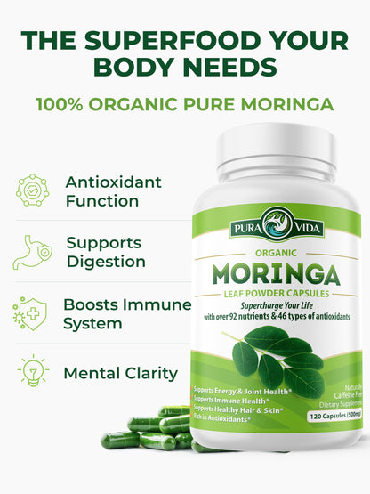 PURA VIDA MORINGA Capsules Single Origin Moringa Powder Organic. Pure Moringa Leaf. Energy, Metabolism, & Immune Support. 120ct. 500mg Caps.