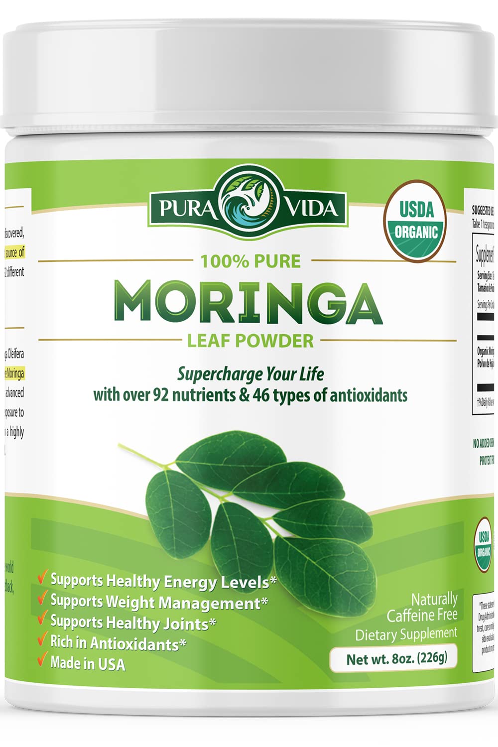 PURA VIDA Moringa Powder Organic – Single Origin Moringa Leaf Powder (USDA Organic) 8 oz