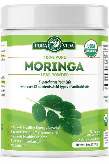 PURA VIDA Moringa Powder Organic – Single Origin Moringa Leaf Powder (USDA Organic) 8 oz