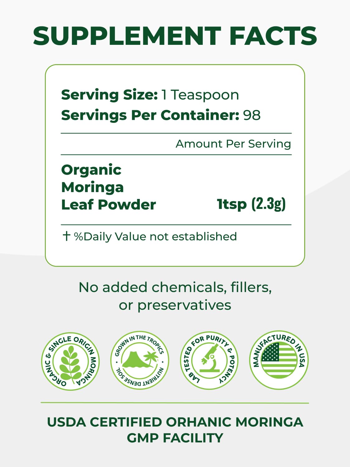 PURA VIDA Moringa Powder Organic – Single Origin Moringa Leaf Powder (USDA Organic) 8 oz