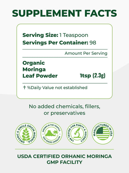 PURA VIDA Moringa Powder Organic – Single Origin Moringa Leaf Powder (USDA Organic) 8 oz