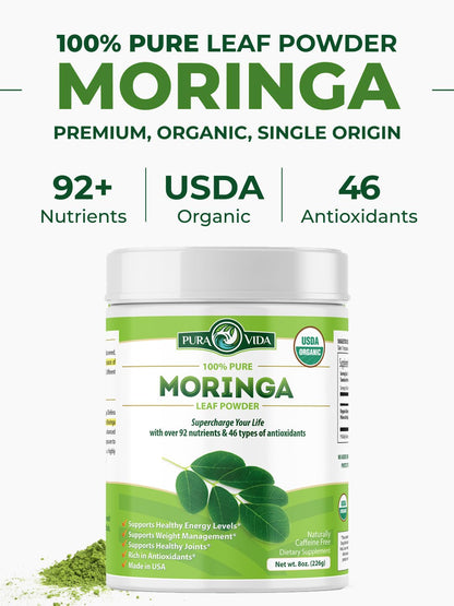 PURA VIDA Moringa Powder Organic – Single Origin Moringa Leaf Powder (USDA Organic) 8 oz