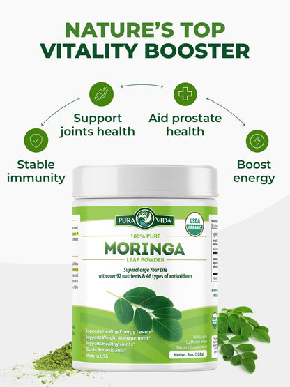PURA VIDA Moringa Powder Organic – Single Origin Moringa Leaf Powder (USDA Organic) 8 oz