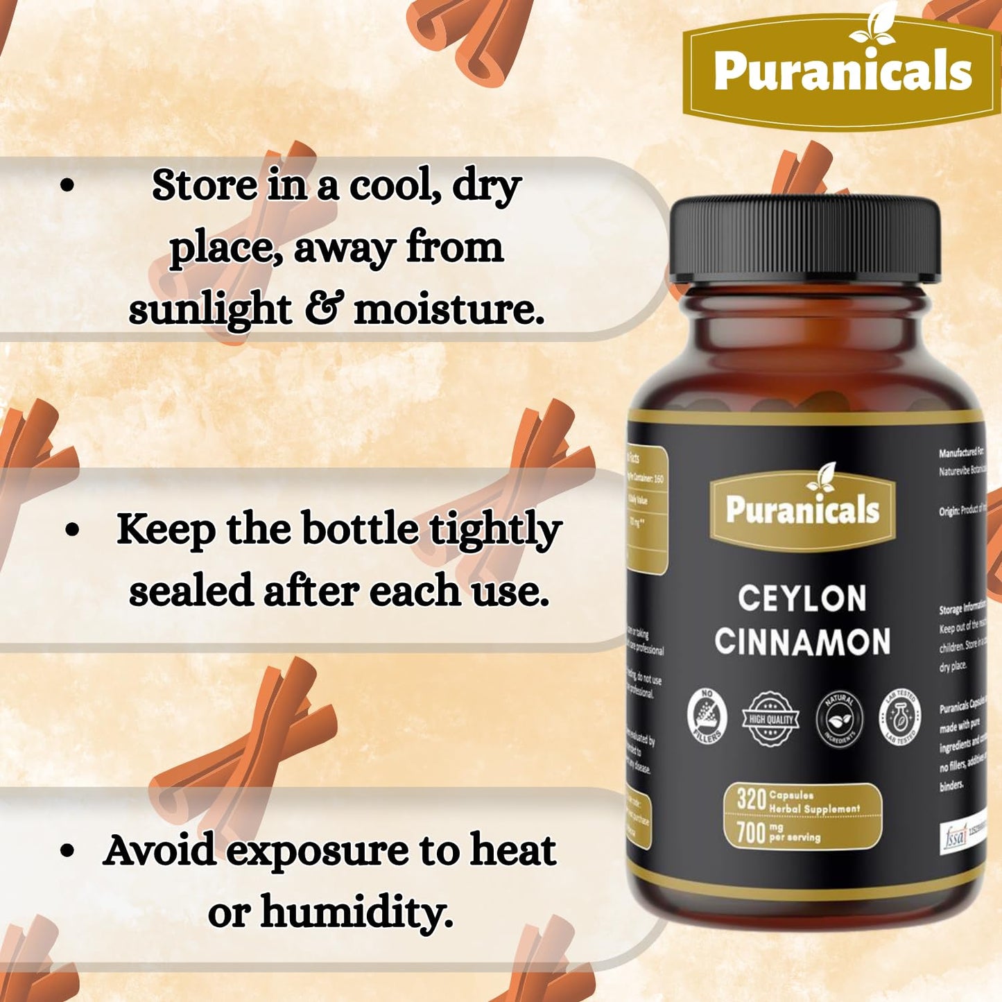 Puranicals Ceylon Cinnamon Premium 320 Capsules – 700 mg per Serving, Non-GMO, Gluten Free | Herbal Supplement