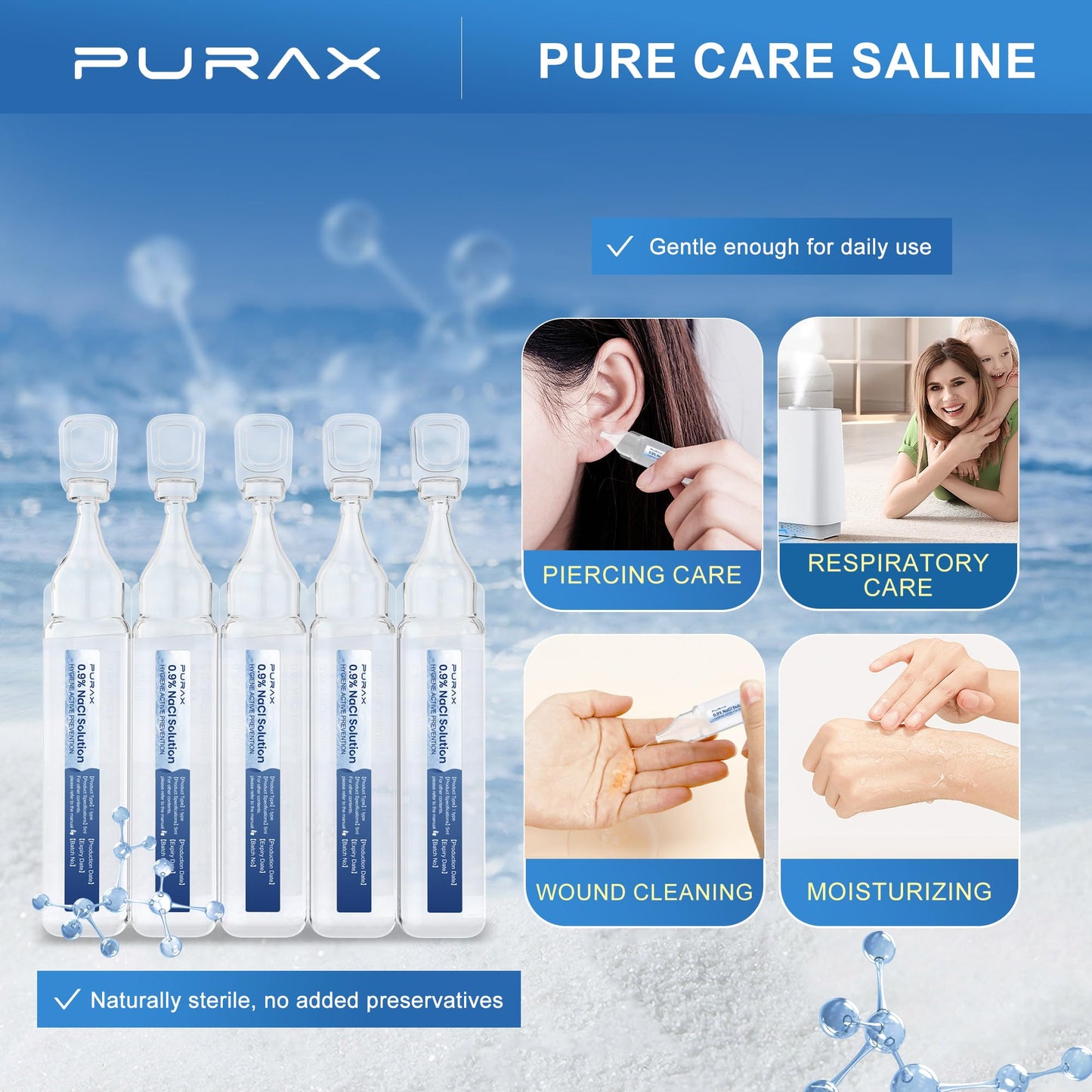 PURAX Saline Solution 0.9% | Isotonic Nasal Cleanse, Eye Care & Wound Cleansing (56 x 5ml)