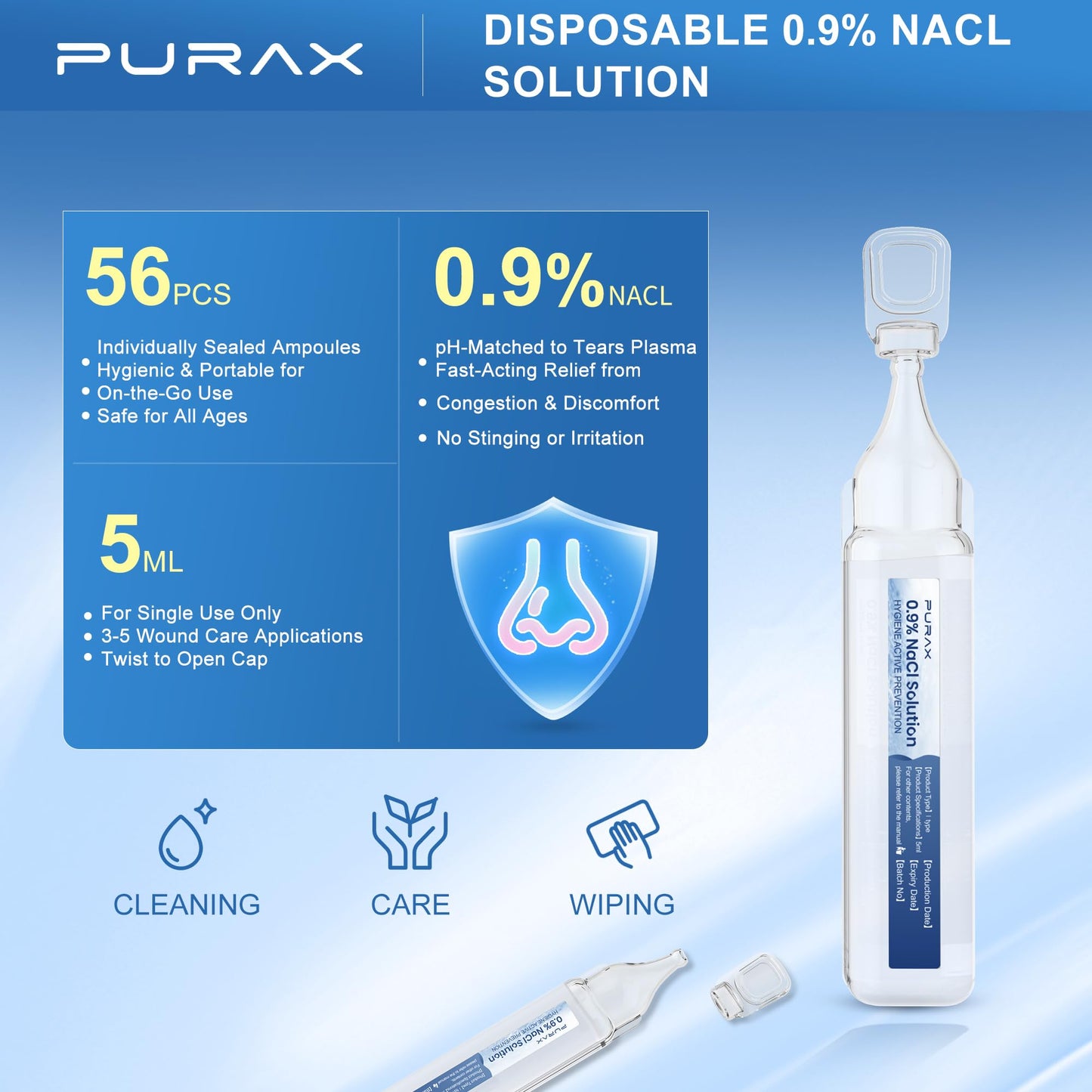 PURAX Saline Solution 0.9% | Isotonic Nasal Cleanse, Eye Care & Wound Cleansing (56 x 5ml)