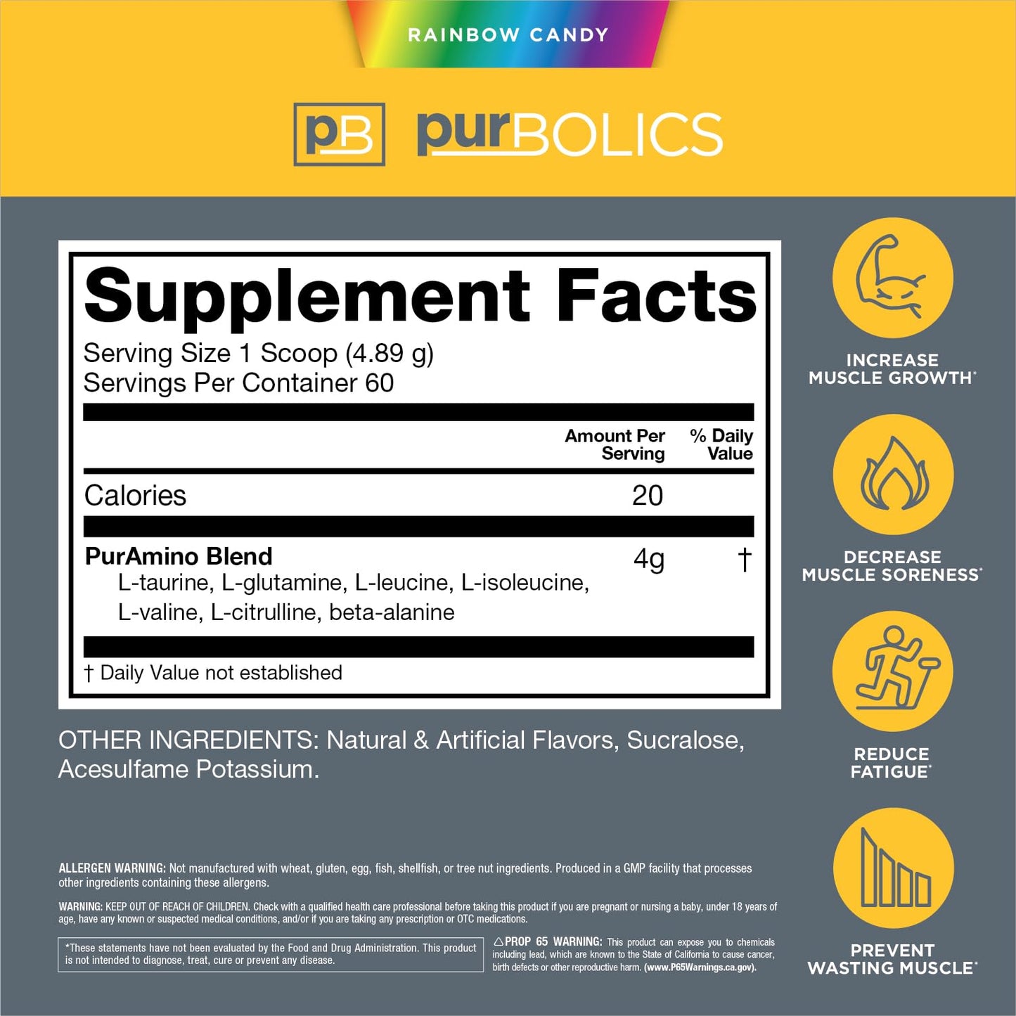 Purbolics Aminos Rainbow Candy – 4g Free-Form Amino Acids, Beta-Alanine, 0 Calories, 60 Servings