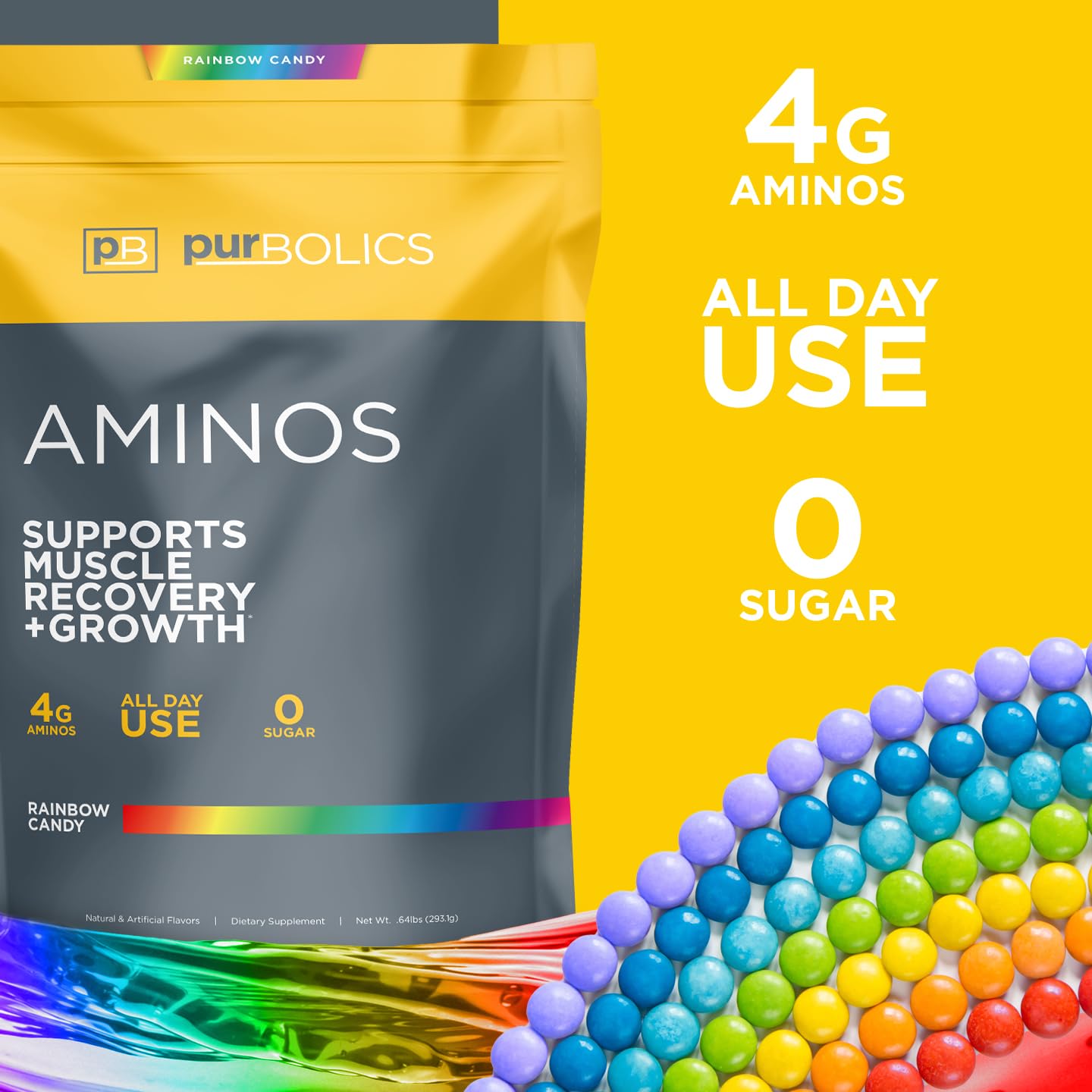 Purbolics Aminos Rainbow Candy – 4g Free-Form Amino Acids, Beta-Alanine, 0 Calories, 60 Servings