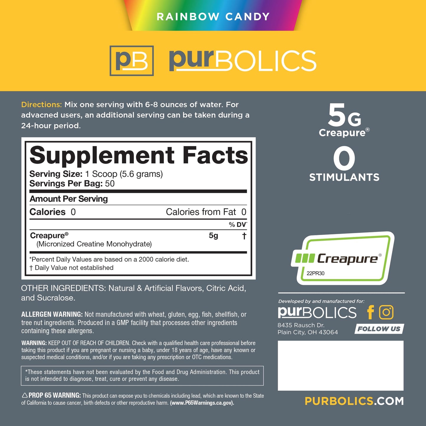 Purbolics Creapure Creatine Monohydrate Micronized 5 g – Rainbow Candy, 50 Servings per Pack (Pack of 2) | Elevate Workout Performance
