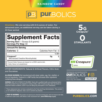 Purbolics Creapure Creatine Monohydrate Micronized 5 g – Rainbow Candy, 50 Servings per Pack (Pack of 2) | Elevate Workout Performance