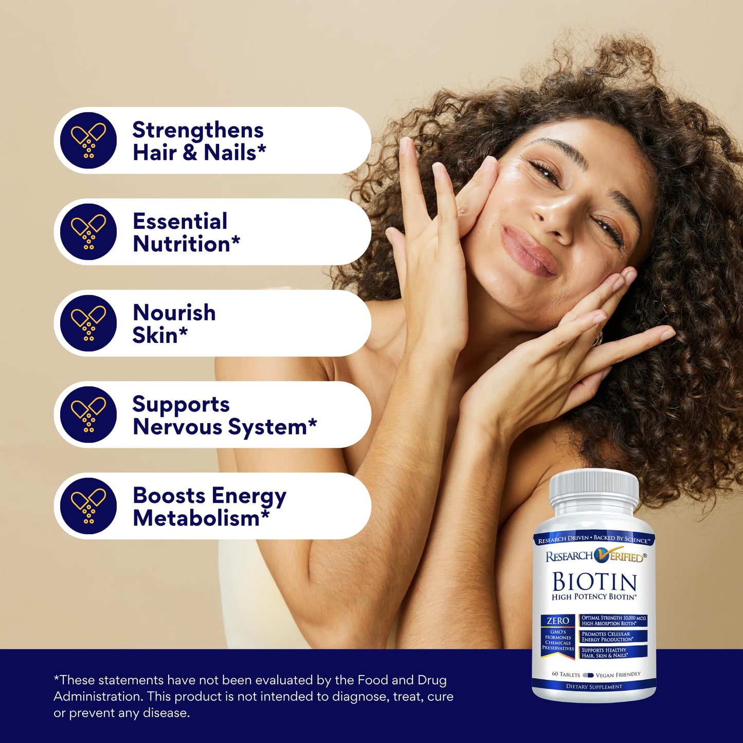 Research Verified Biotin 10,000mcg – Vegan Hair, Skin & Nails