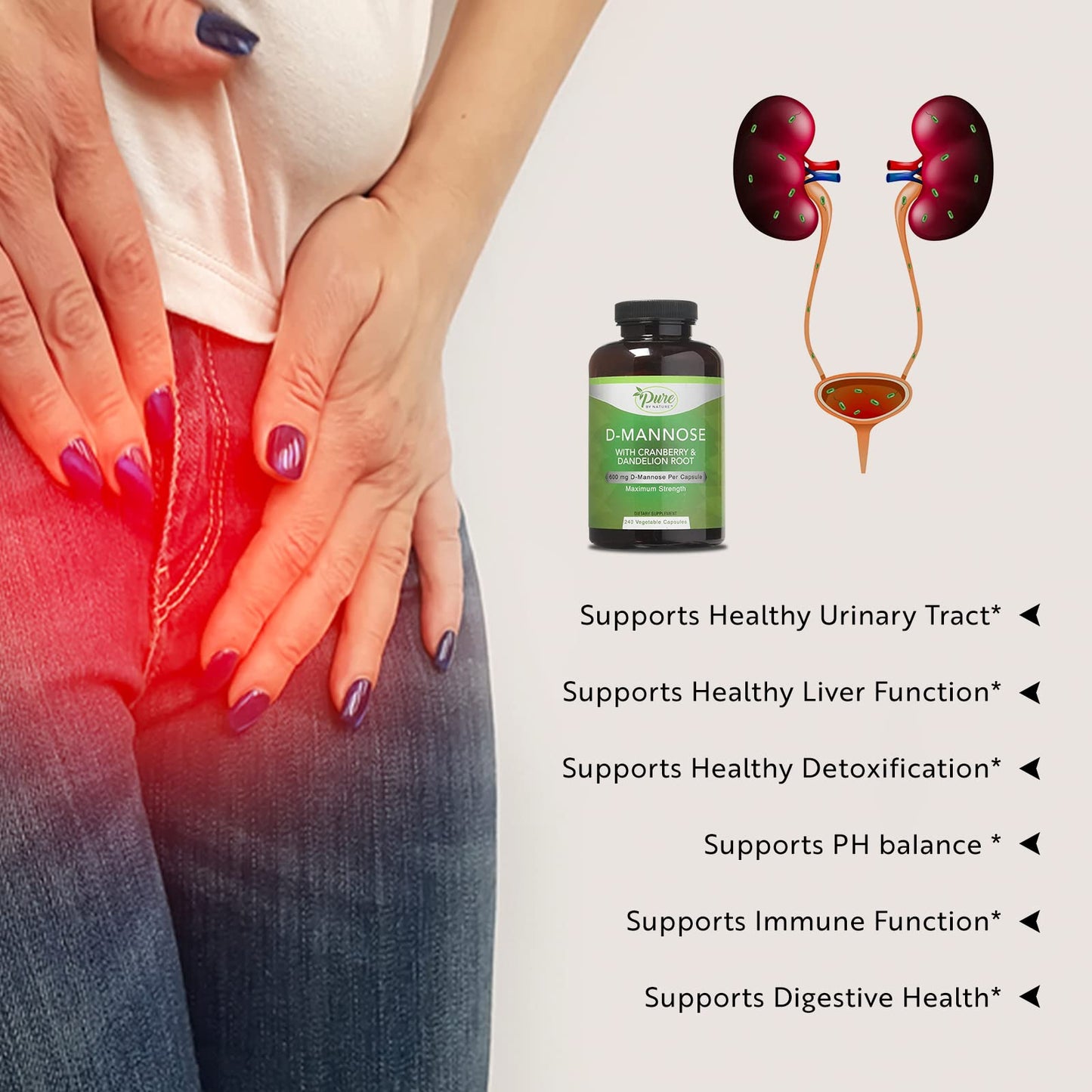 Pure By Nature D-Mannose 600mg Vegan Capsules with Cranberry and Dandelion – 240 Count