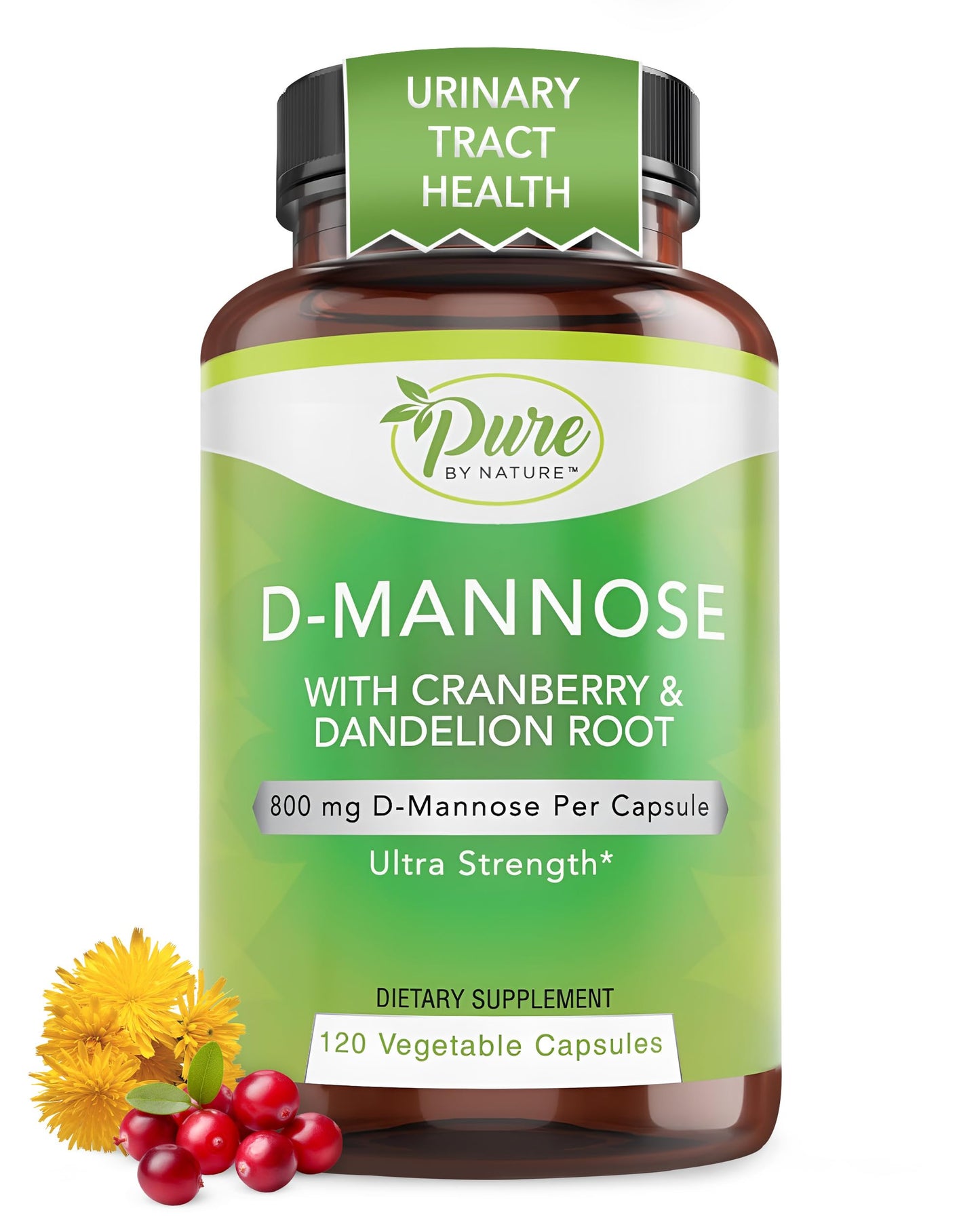 Pure By Nature D-Mannose with Cranberry & Dandelion Root – 120 Count | Natural UTI Relief