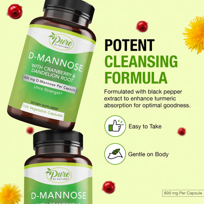 Pure By Nature D-Mannose with Cranberry & Dandelion Root – 120 Count | Natural UTI Relief