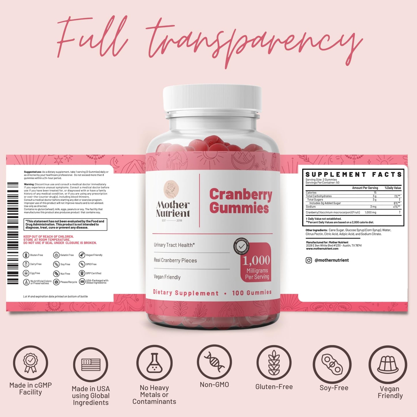 Mother Nutrient Cranberry Gummies – Urinary Tract Health, Women & Kids, 1000mg