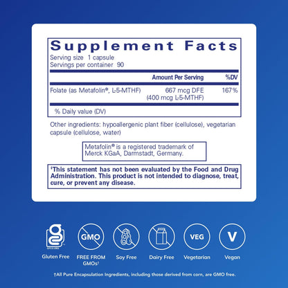 Pure Encapsulations Folate 400 | Metafolin L-5-MTHF Supplement | 90 Capsules