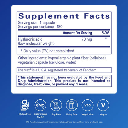 Pure Encapsulations Hyaluronic Acid - Skin Hydration & Joint Support | Gluten Free, Vegan, Non-GMO | 180 Capsules