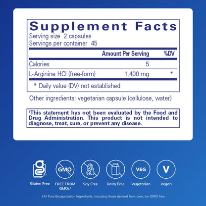Pure Encapsulations L-Arginine 1,400 mg – Nitric Oxide & Heart Health | 90 Capsules | Gluten Free & Non-GMO