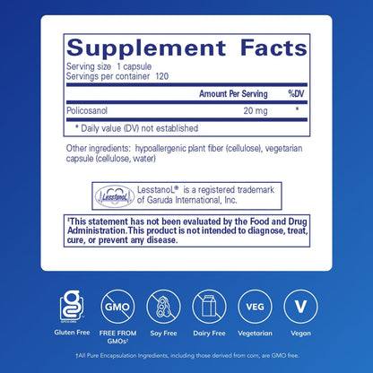 Pure Encapsulations Policosanol 20 mg | Hypoallergenic Supplement Supports Healthy Lipid Metabolism and Cardiovascular Function | 120 Capsules