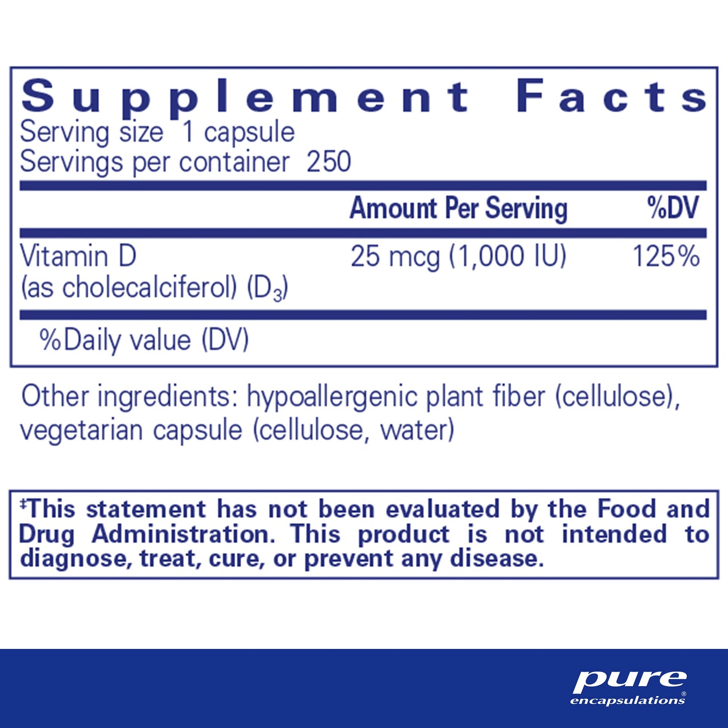 Pure Encapsulations Vitamin D3 25 mcg (1,000 IU) – Supports Bone, Immune, Heart & Colon Health | 250 Capsules