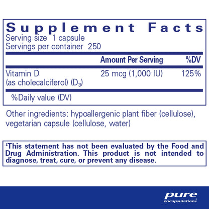 Pure Encapsulations Vitamin D3 25 mcg (1,000 IU) – Supports Bone, Immune, Heart & Colon Health | 250 Capsules