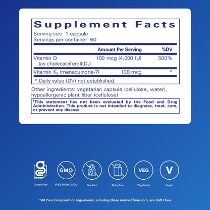 Pure Encapsulations Vitamin D3 & K2 – Bone & Vascular Health (60 Caps)