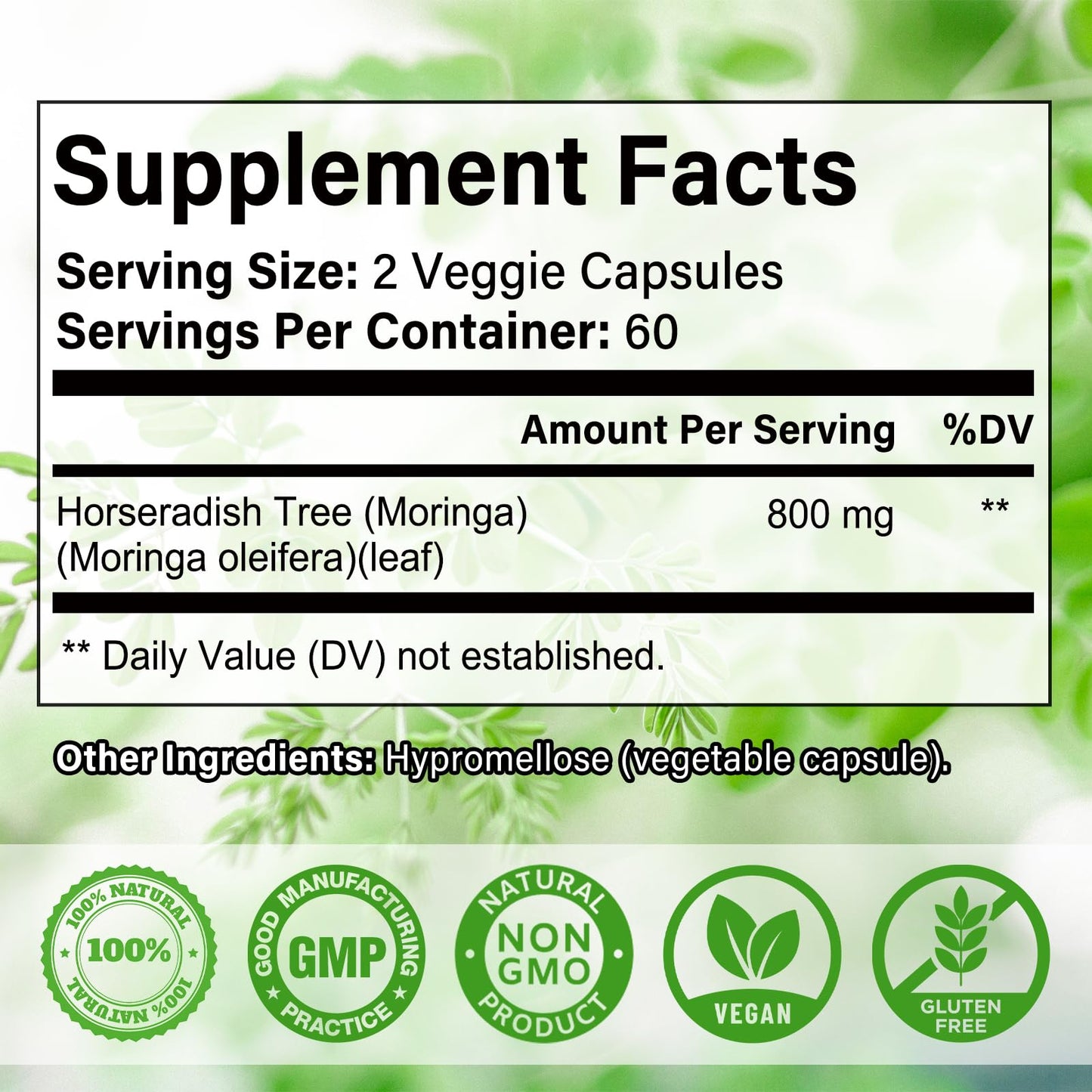 Moringa Powder Capsules | Pure Moringa Leaf – 800mg per Capsule, 120 Vegan Capsules