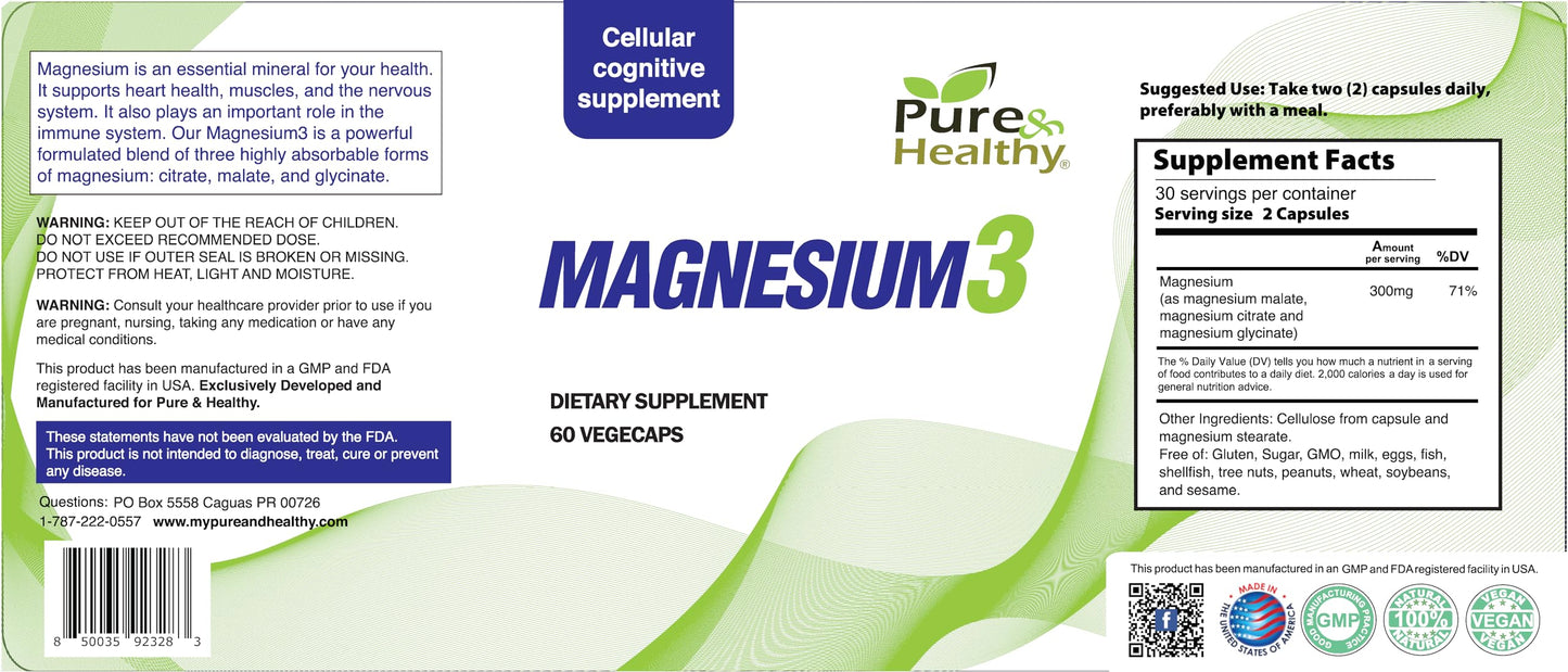 Pure & Healthy Magnesium3 – 300mg Magnesium Glycinate, Malate & Citrate for Muscles, Nerves, Stress & Energy
