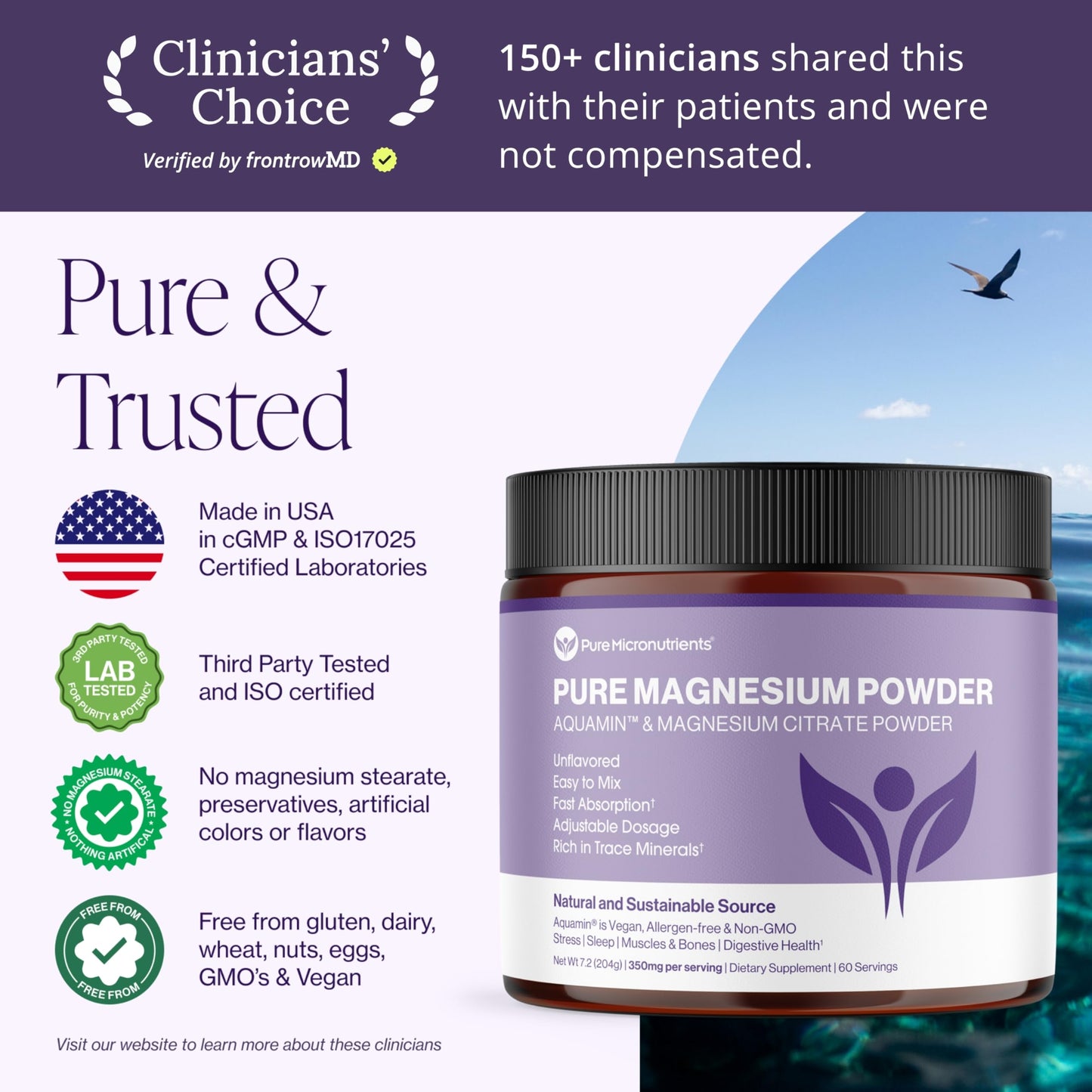 Pure Magnesium Citrate Powder to Support Sleep, Muscle & Bone Health, Energy, Heart & Digestion. Unflavored Magnesium Powder Drink Mix, Vegan, 60 Servings