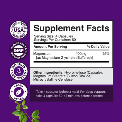 Pure Magnesium Glycinate 400mg – Vegan Chelated Magnesium 240 Count