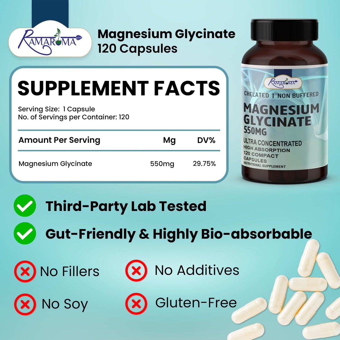 Pure Magnesium Glycinate Capsules – 120 Count | Ramaroma