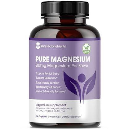 Pure Magnesium Glycinate Supplement – 200mg Per Serving, 180 Capsules | Sleep, Muscle & Nerve Health