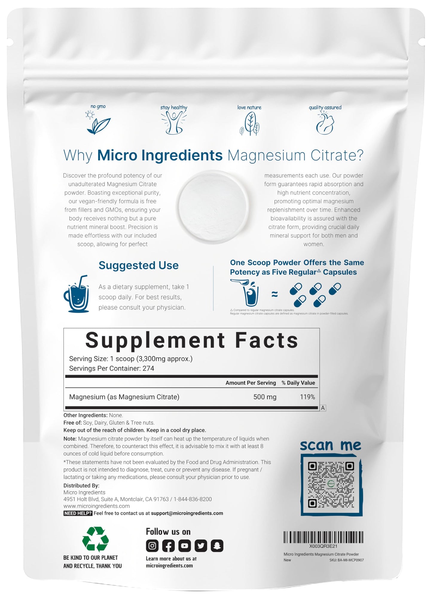 Pure Magnesium Powder, 2lbs | Magnesium Citrate Powder | Unflavored | Relaxation and Nutrient Utilization | Easily Absorbed | Non-GMO, Vegan