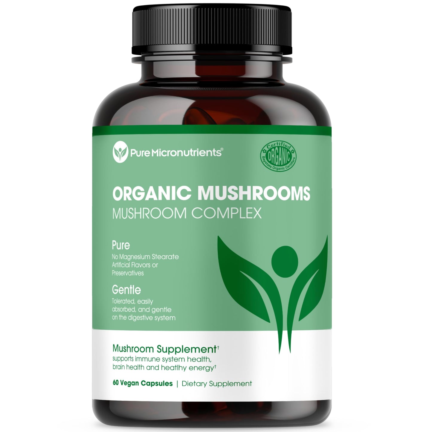 Pure Micronutrients Organic Mushroom Supplement - Immune Support, Nootropic Brain Memory, Focus & Energy - Lions Mane, Reishi, Chaga, Cordyceps & Turkey Tail - 60 Vegan, USA Grown