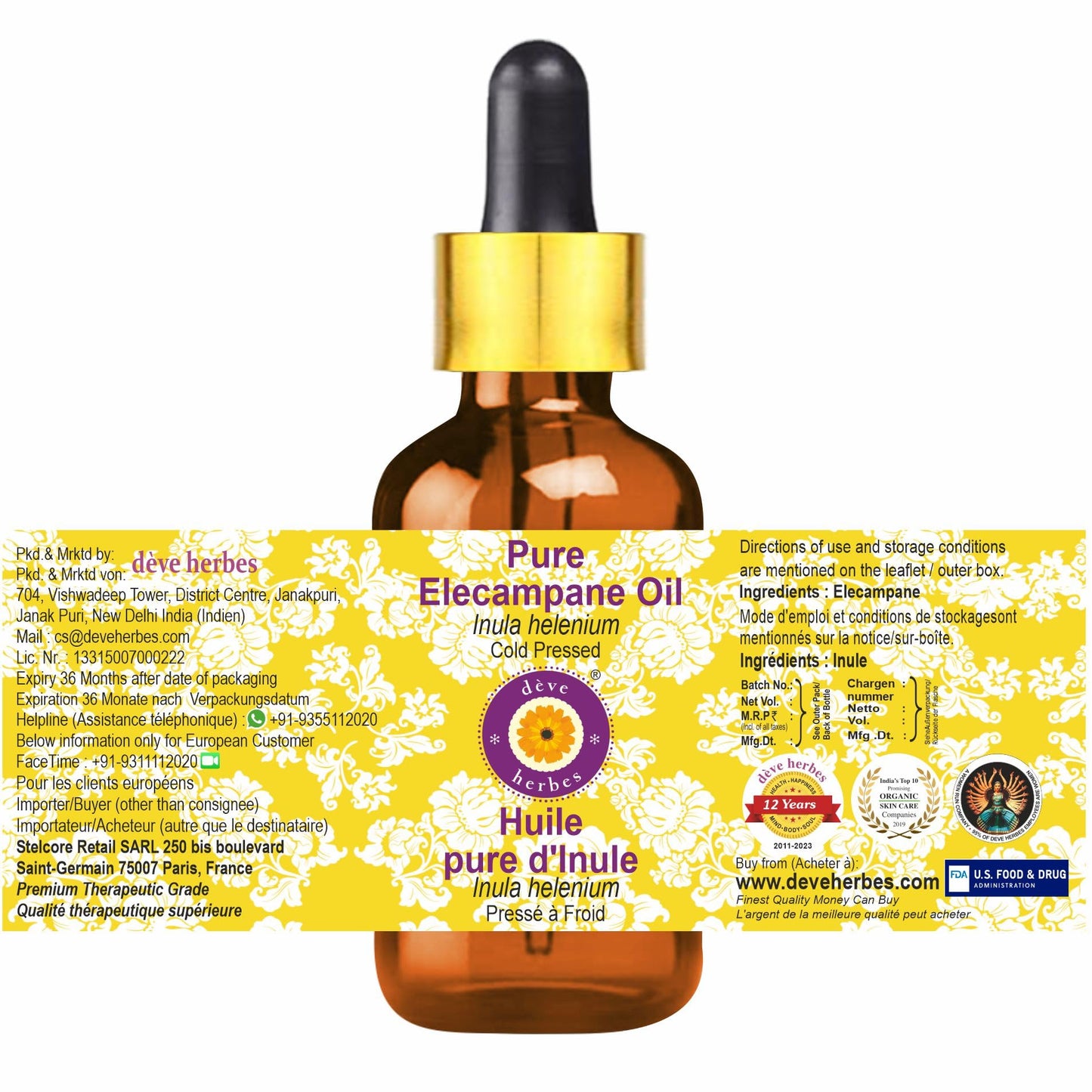 Deve Herbes Elecampane Oil (Inula helenium) – 2ml, Glass Dropper | Cold-Pressed