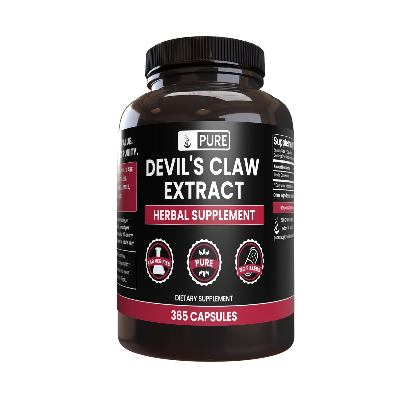 Pure Original Devil's Claw – 365 Capsules, No Magnesium or Rice Fillers, Lab Verified