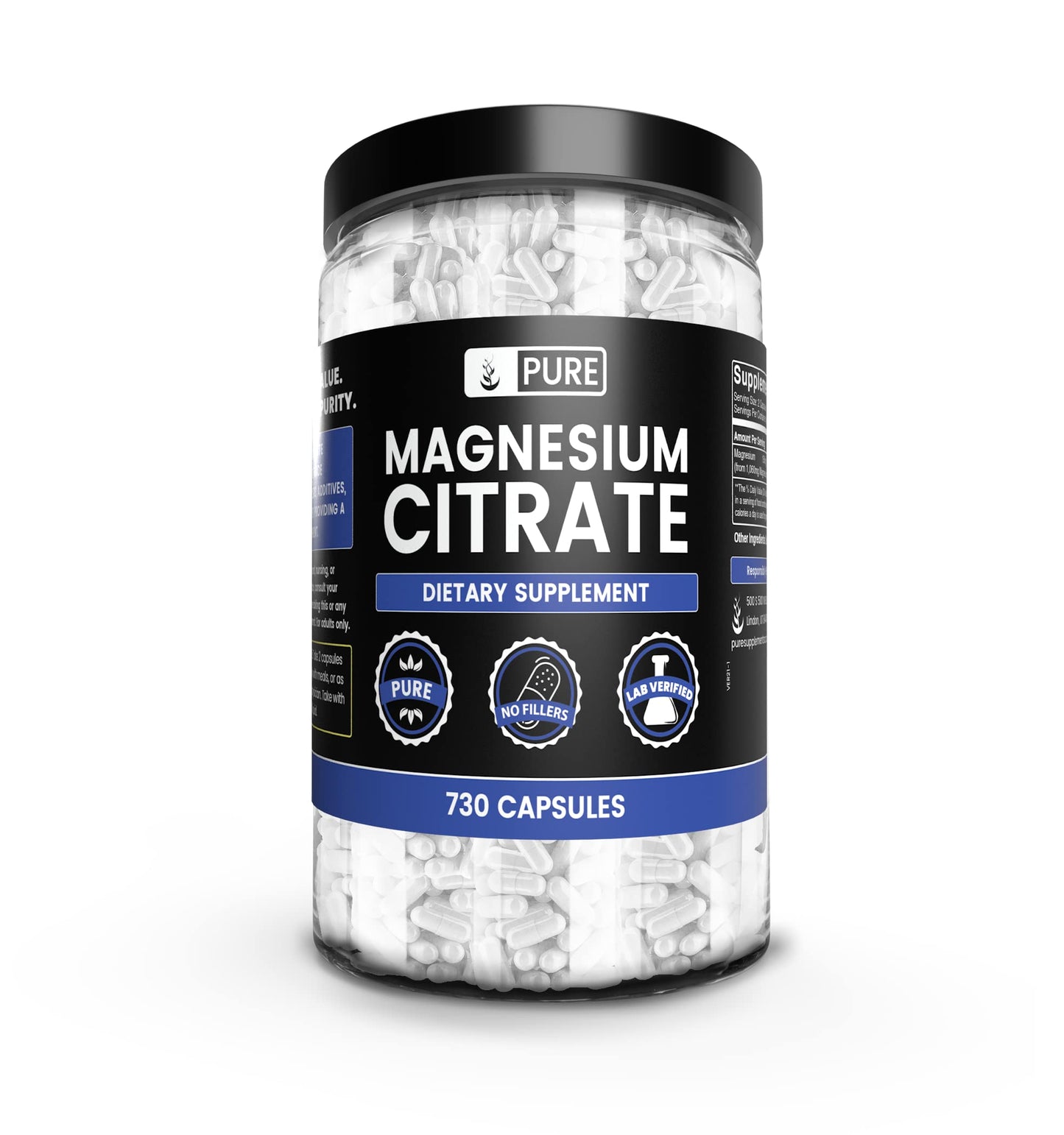 Pure Original Magnesium Citrate - 730 Capsules | No Magnesium or Rice Fillers, Always Pure, Lab Verified