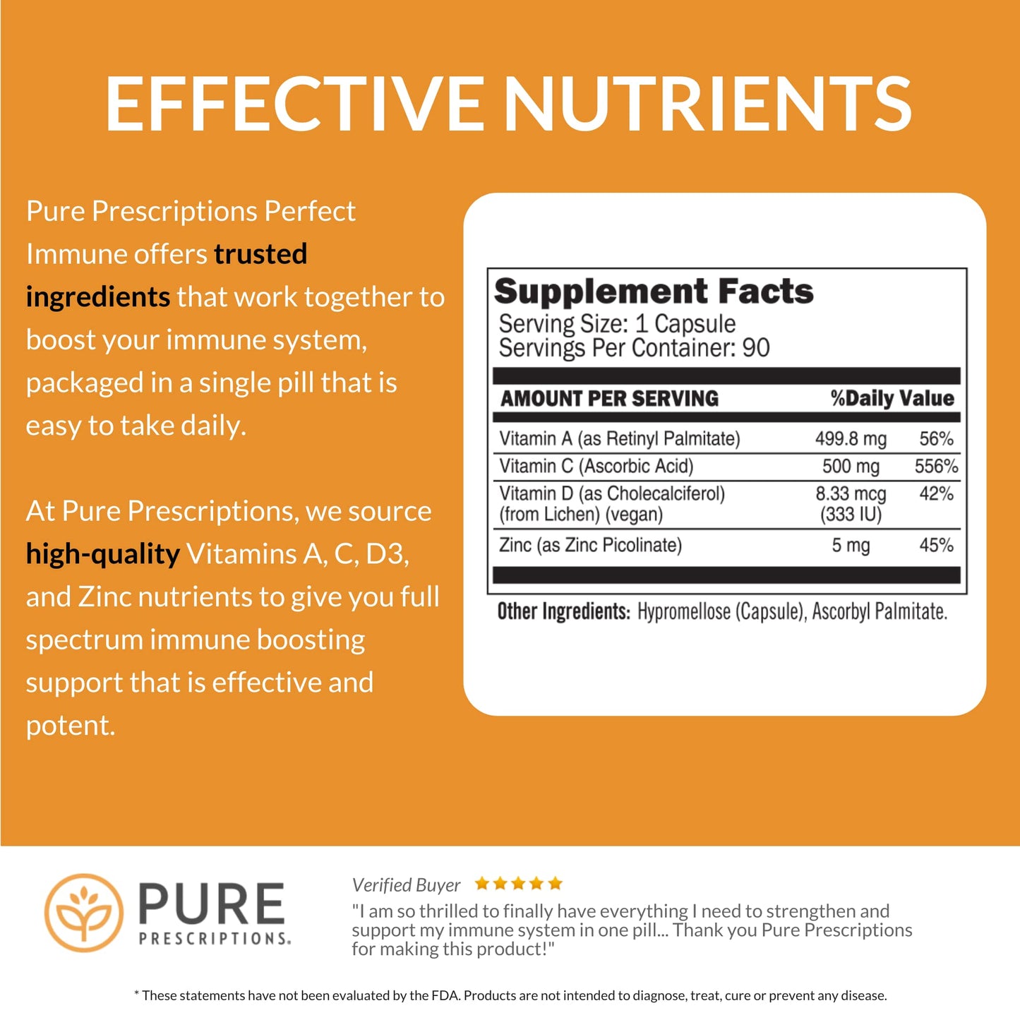 Pure Prescriptions Perfect Immune – 4 in 1 Immune Support (C, D3, Zinc, A) – USA Made