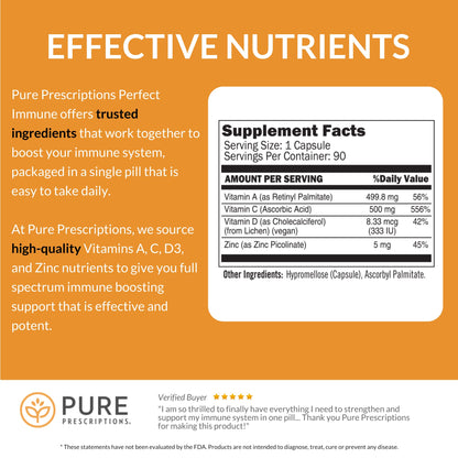 Pure Prescriptions Perfect Immune – 4 in 1 Immune Support (C, D3, Zinc, A) – USA Made
