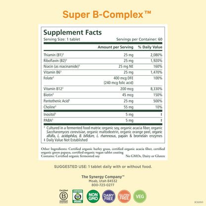 PURE SYNERGY Super B-Complex | Organic Vegan Vitamin B-Complex - 60 Tablets