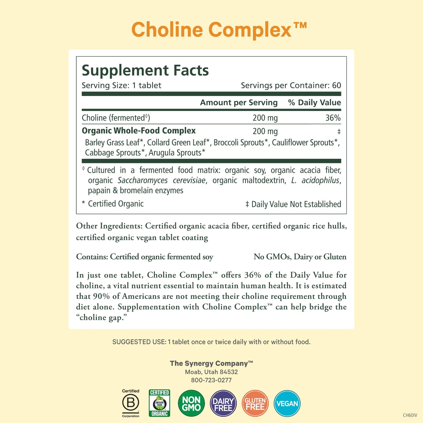 PURE SYNERGY Choline Complex | Vegan Organic Choline Supplement (60 Tablets)