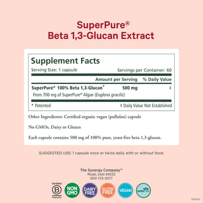PURE SYNERGY SuperPure Beta 1,3-Glucan Extract – 500 mg, Algae-Based Immune & Digestive Support (60 Capsules)