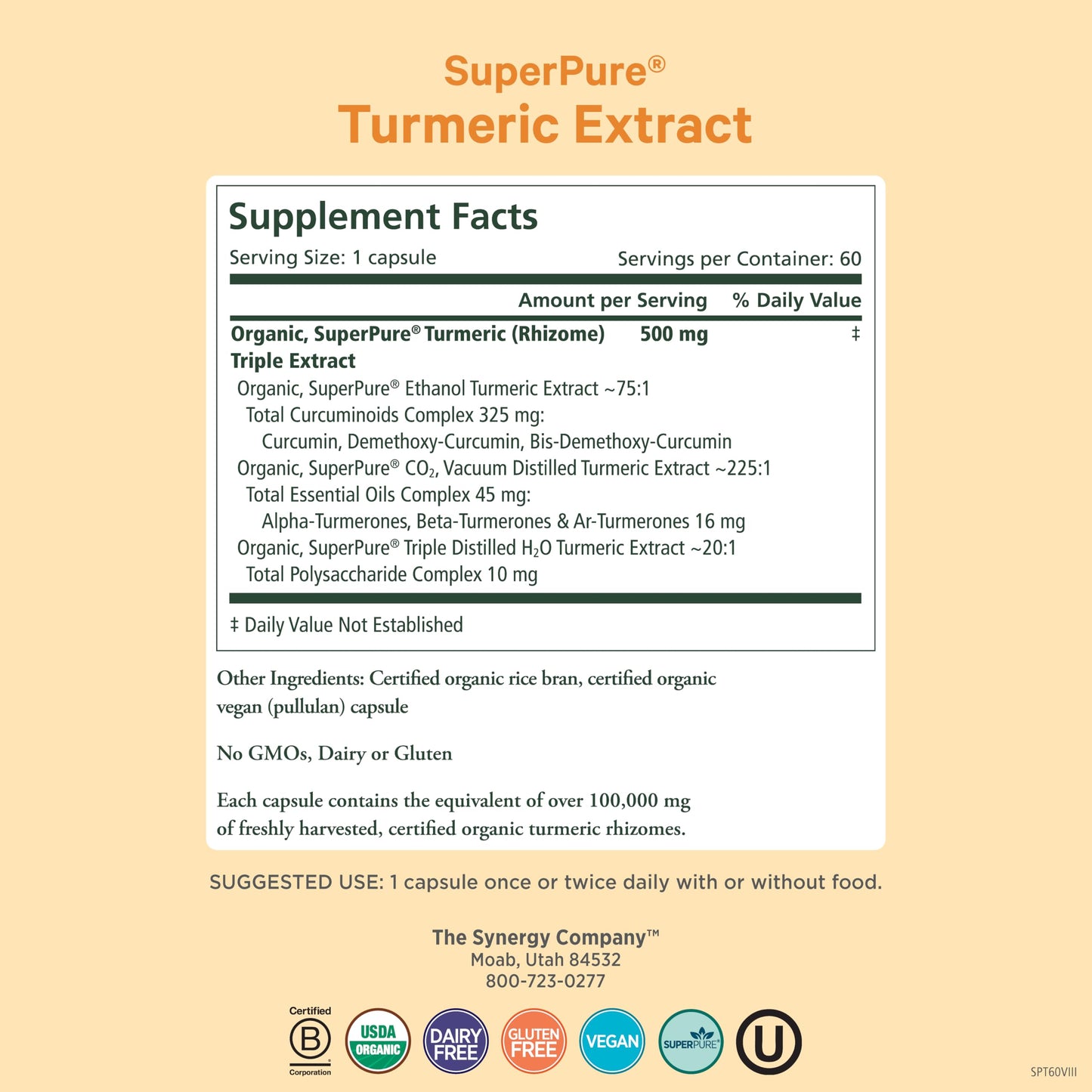 Pure Synergy SuperPure Turmeric Extract | Organic Curcumin 500 mg | 60 Capsules